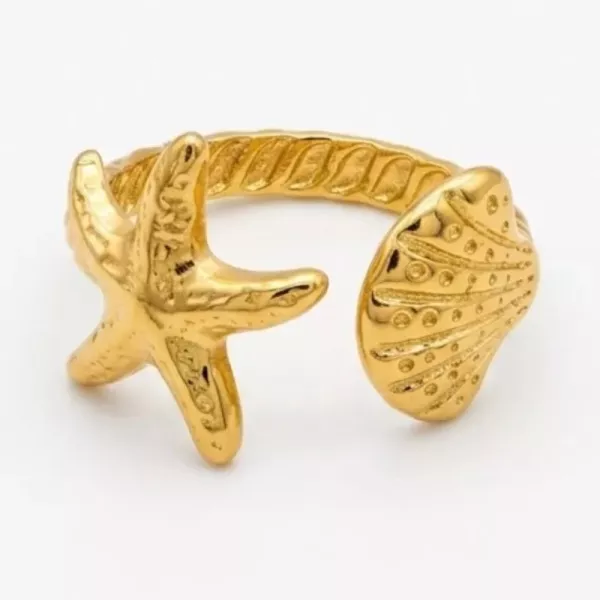Bague ajustable étoile de mer et coquillage dorée