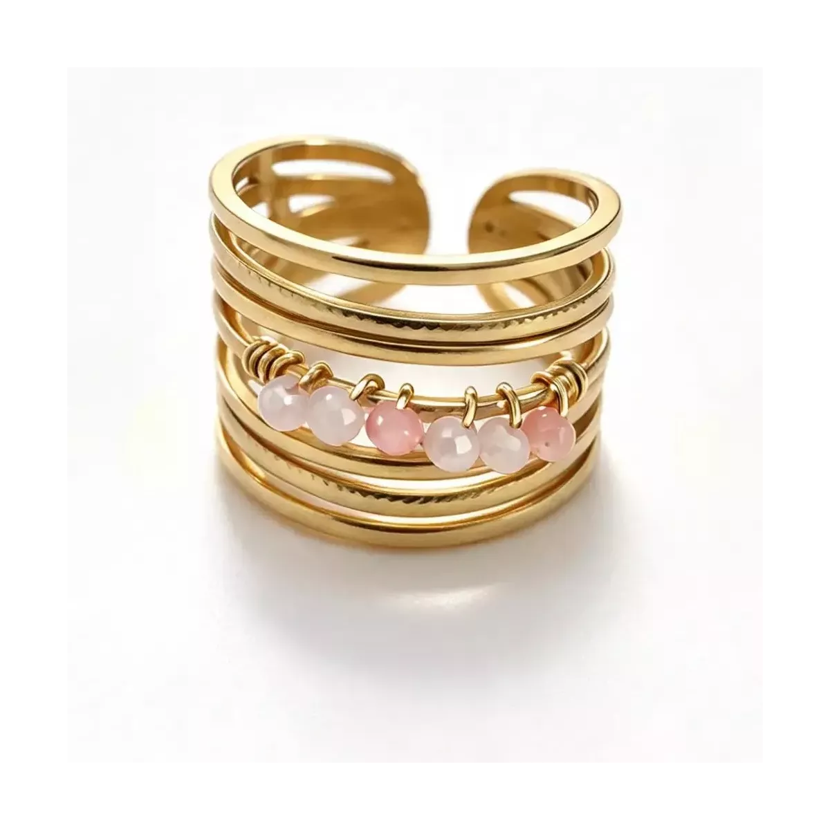 Bague ajustable multirangs perles roses dorée