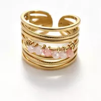 Bague ajustable multirangs perles roses dorée