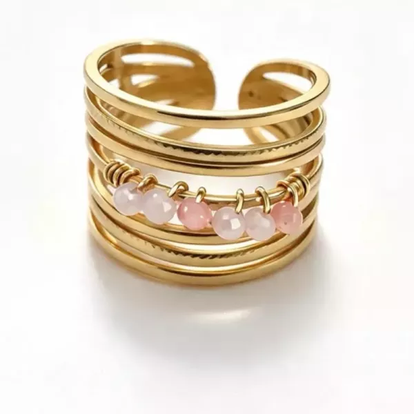 Bague ajustable multirangs perles roses dorée vue 2