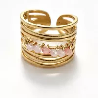 Bague ajustable multirangs perles roses dorée vue 2