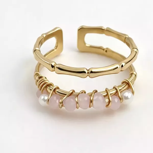 Bague ajustable double rang bambou et perles roses dorée