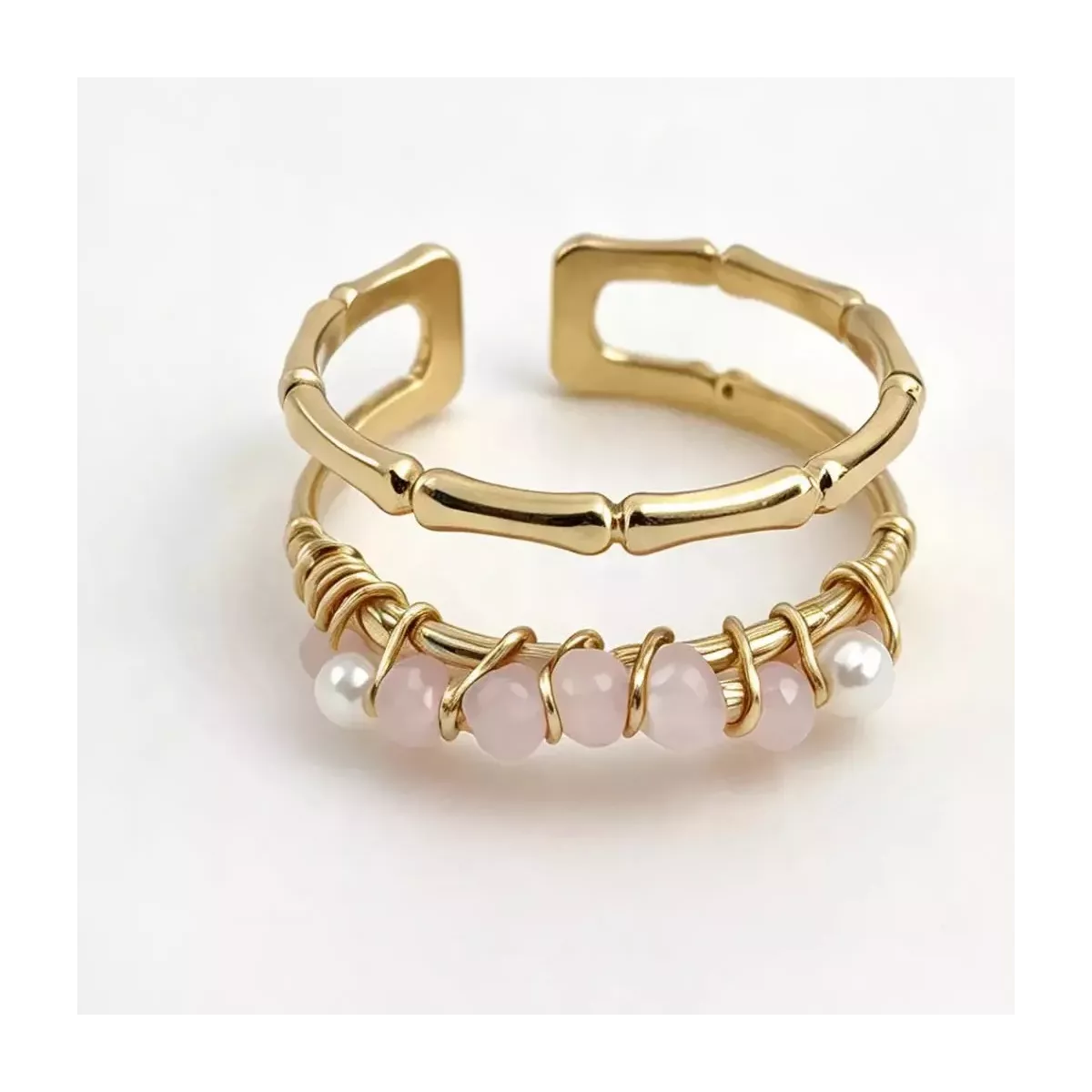 Bague ajustable double rang bambou et perles roses dorée