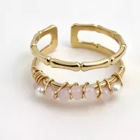Bague ajustable double rang bambou et perles roses dorée