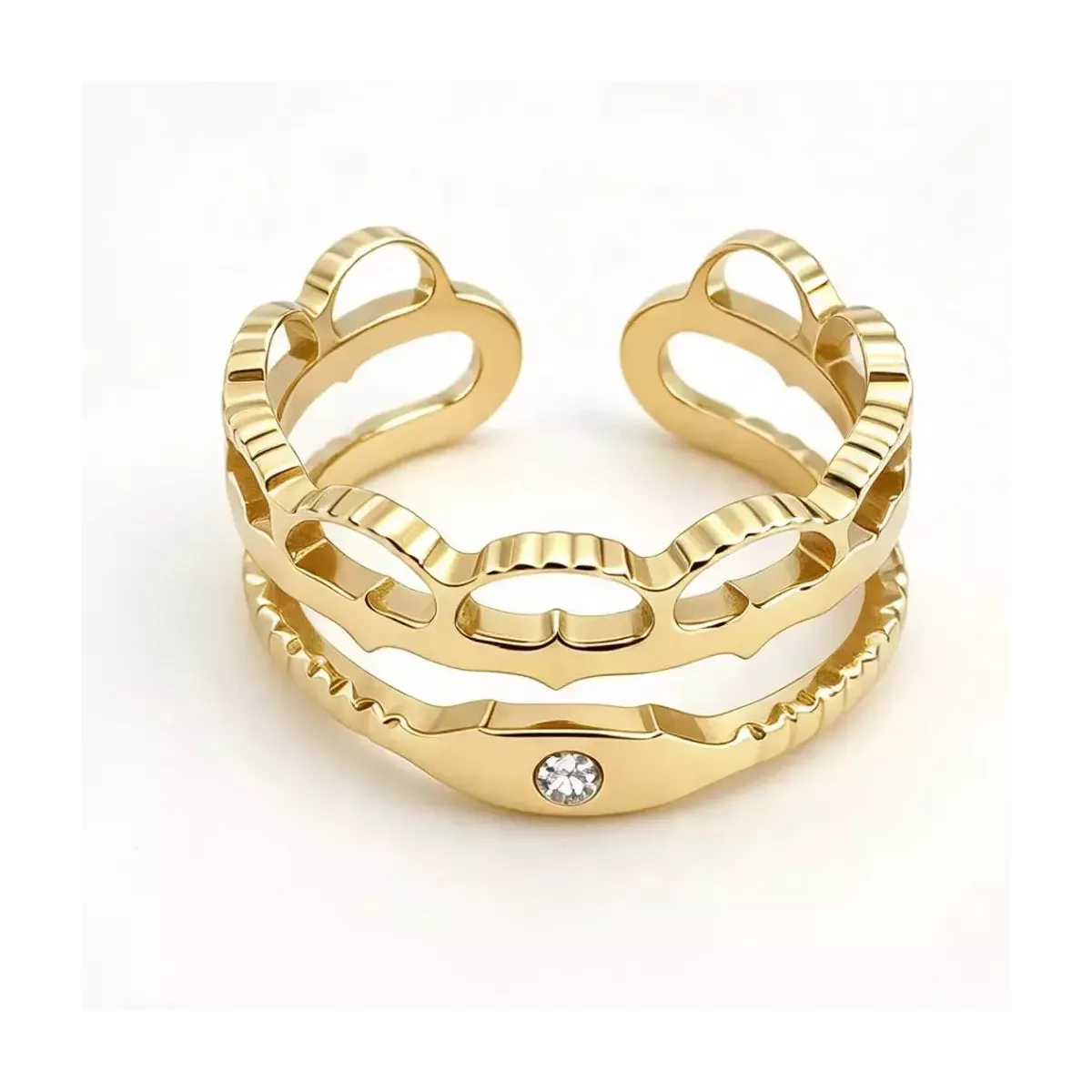Bague ajustable ajourée cœurs et strass dorée