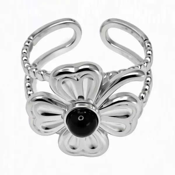 Bague ajustable fleur pierre noire argentée