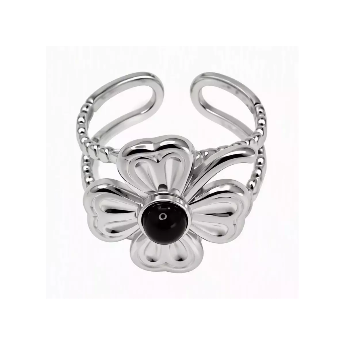 Bague ajustable fleur pierre noire argentée