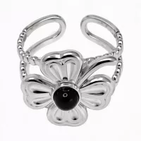 Bague ajustable fleur pierre noire argentée