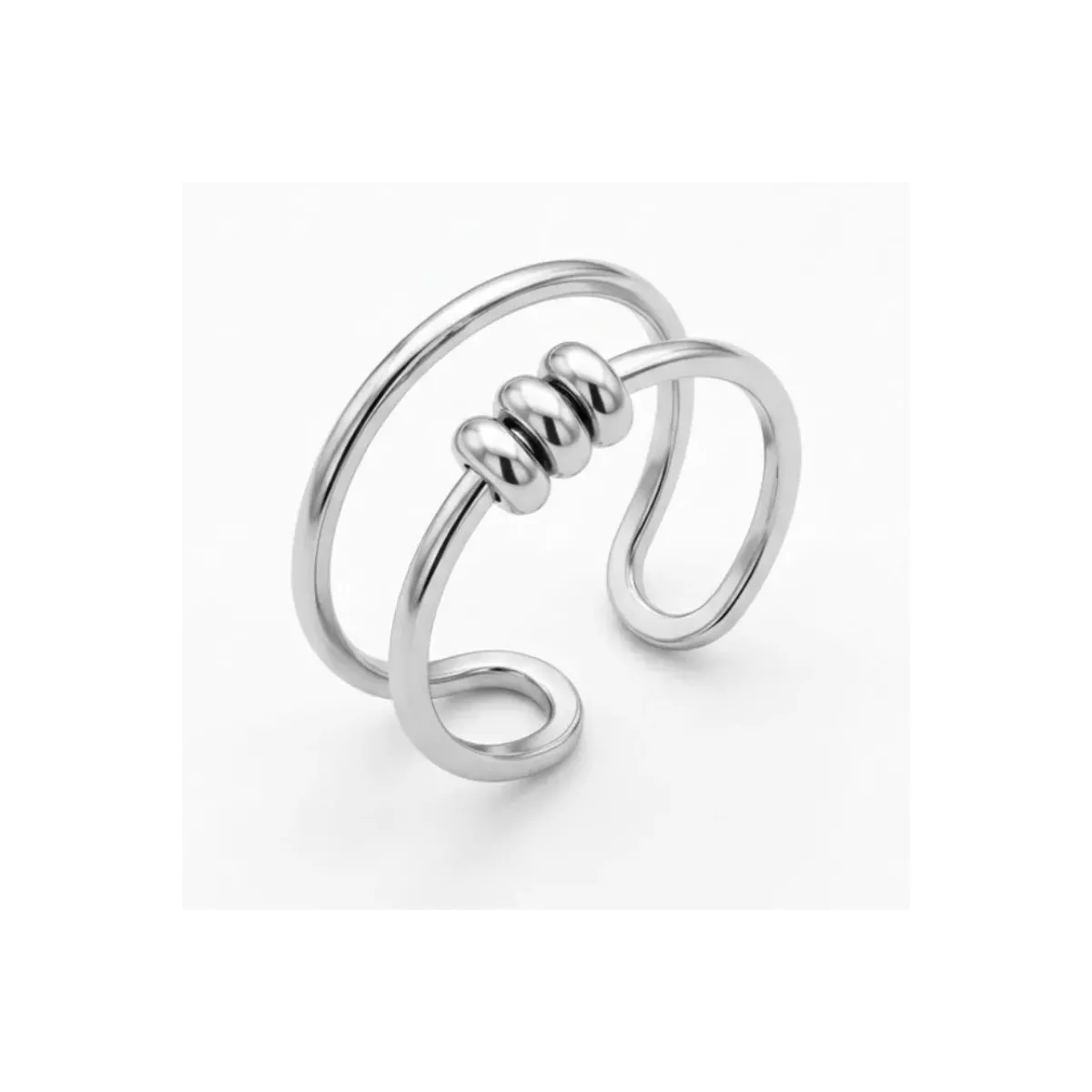 Bague ajustable double fil anneaux coulissants argentée