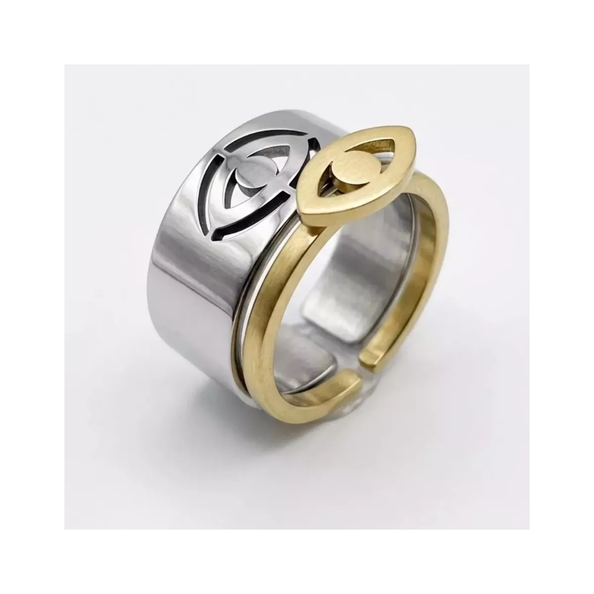 Bague ajustable large motif œil ajouré bicolore