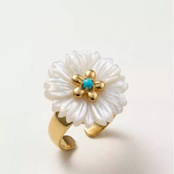 Bague ajustable fleur nacrée et turquoise dorée