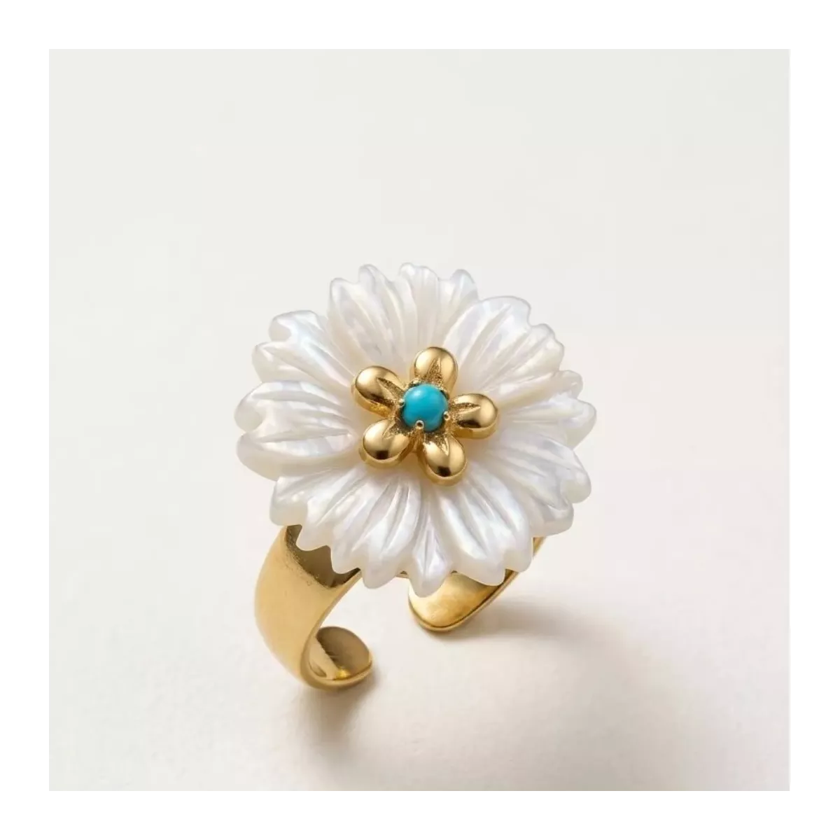 Bague ajustable fleur nacrée et turquoise dorée