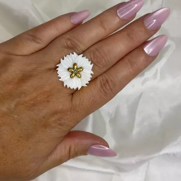 Bague ajustable fleur nacrée et turquoise dorée vue 3