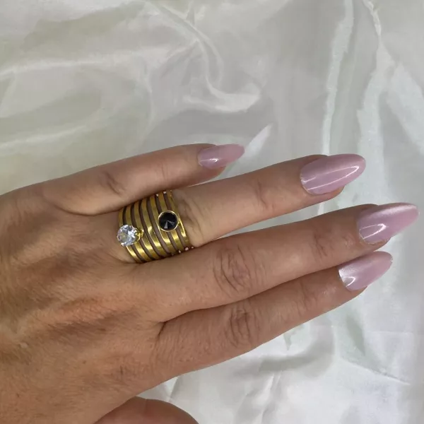 Bague multirangs strass noir et blanc dorée vue 2