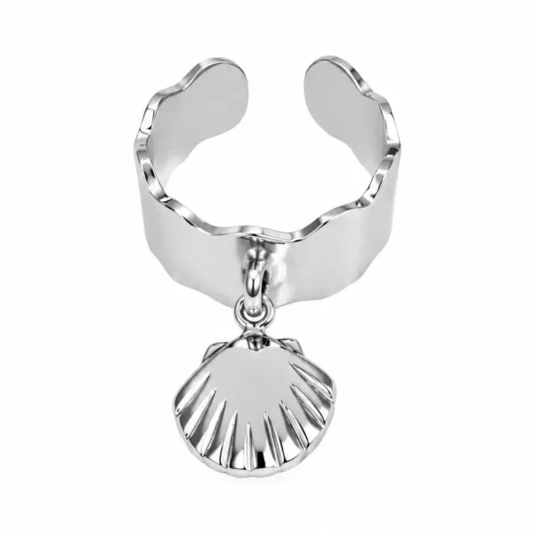Bague ajustable ondulée pampille coquillage argentée