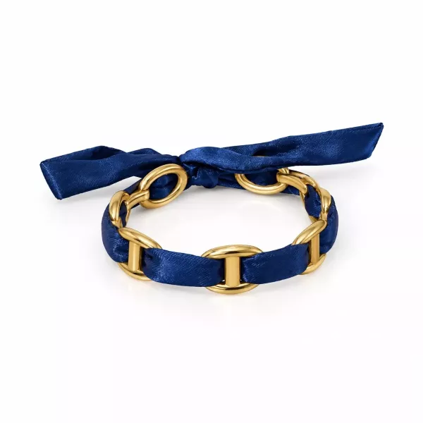Bracelet ruban satin bleu marine et maillons marine dorés