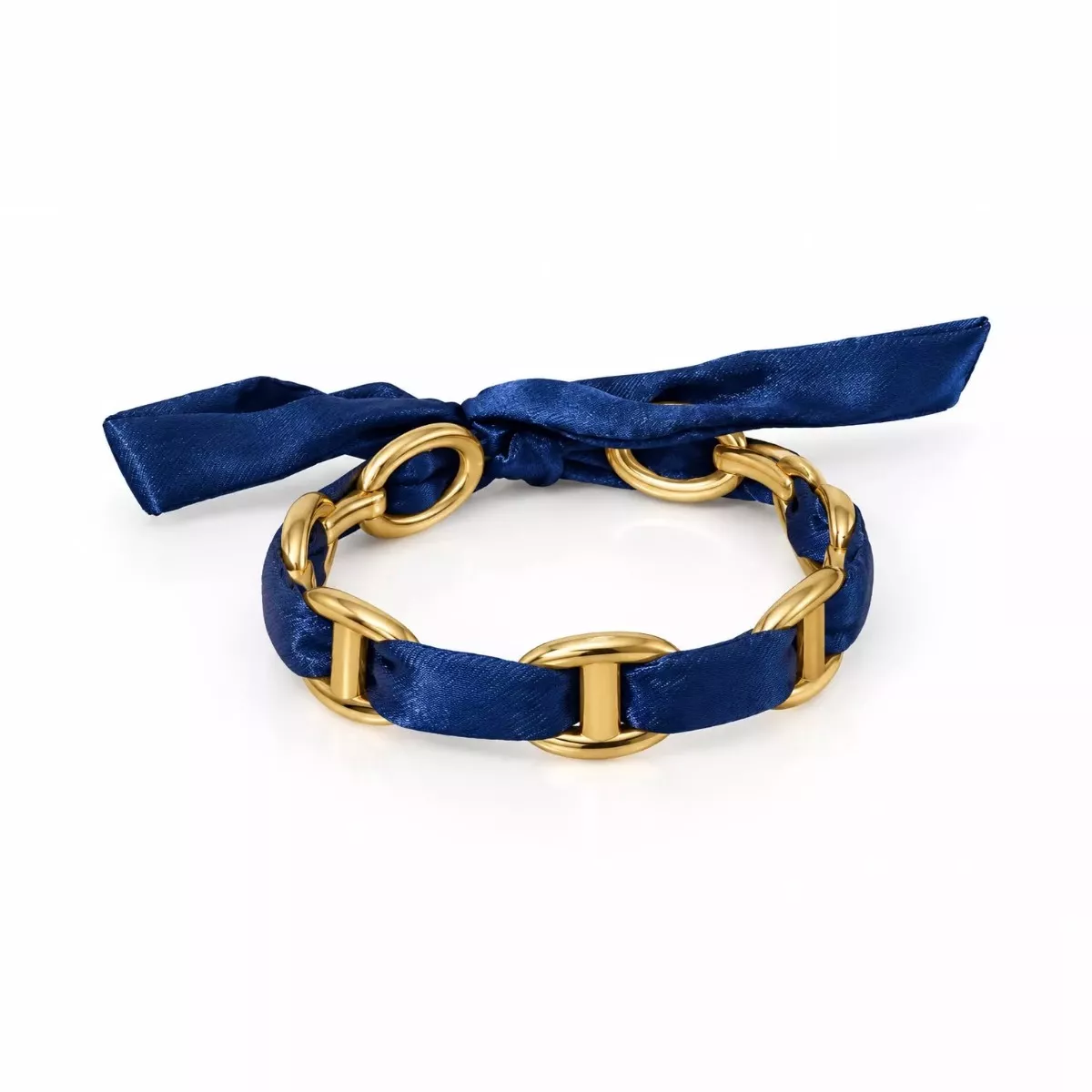 Bracelet ruban satin bleu marine et maillons marine dorés