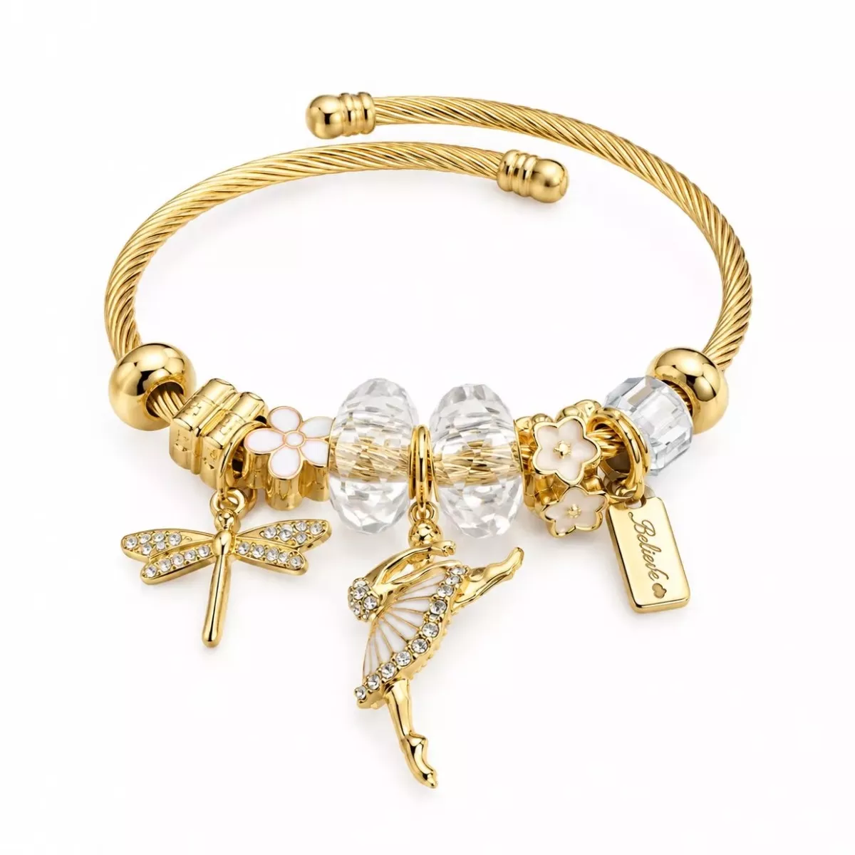 Jonc ouvert doré charms ballerine et libellule blanc