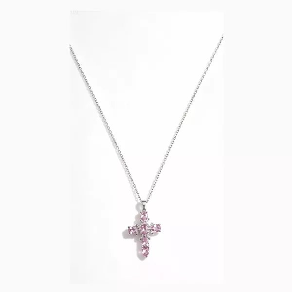 Collier croix argenté strass roses