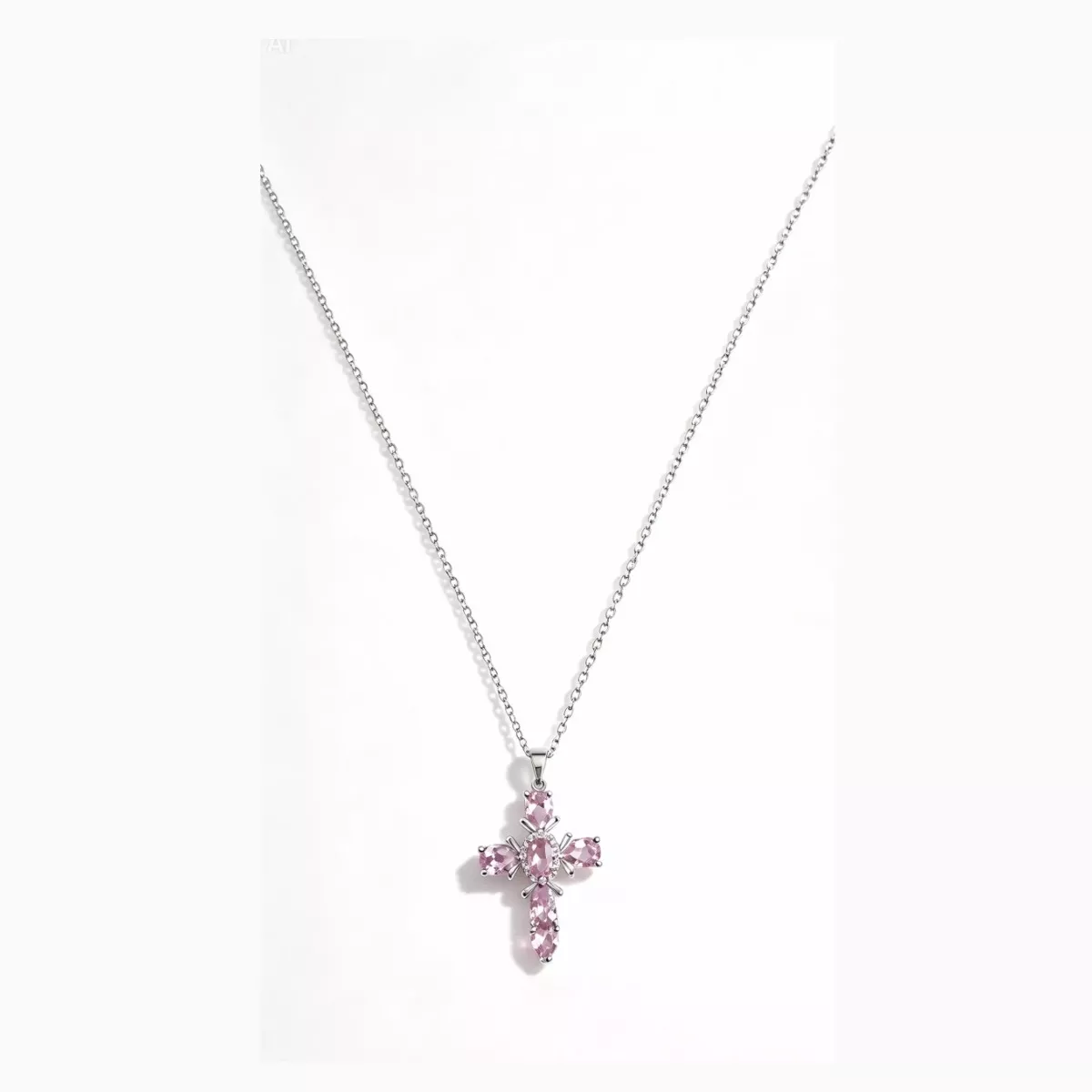 Collier croix argenté strass roses
