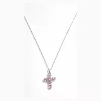 Collier croix argenté strass roses