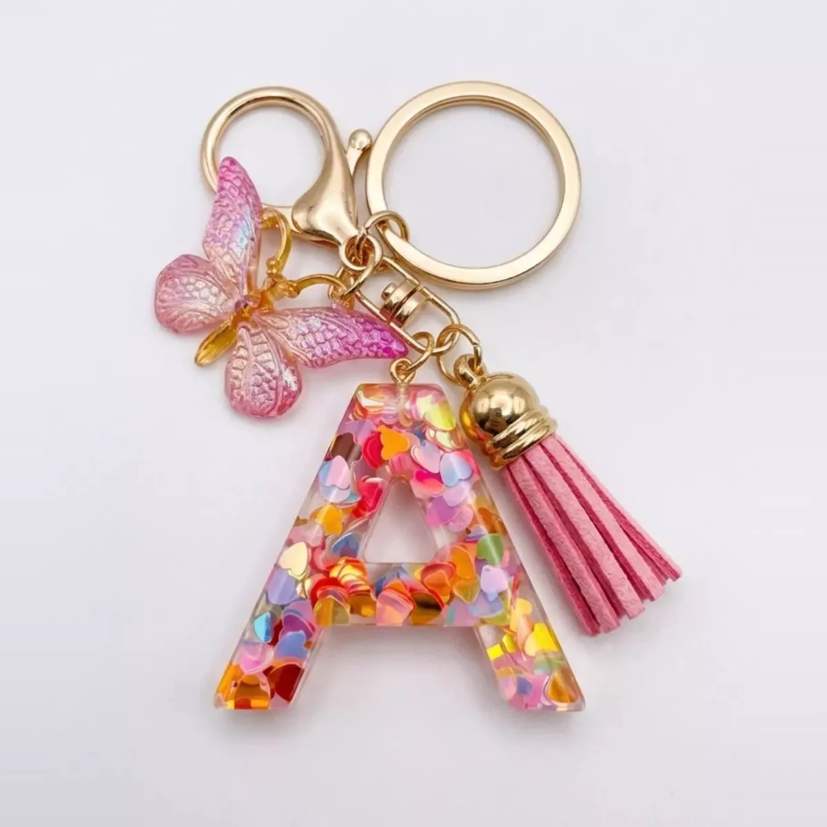 Porte-clés lettre A en résine paillettes cœurs multicolores