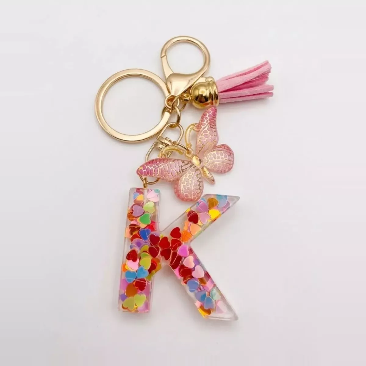 Porte-clés lettre K en résine paillettes cœurs multicolores