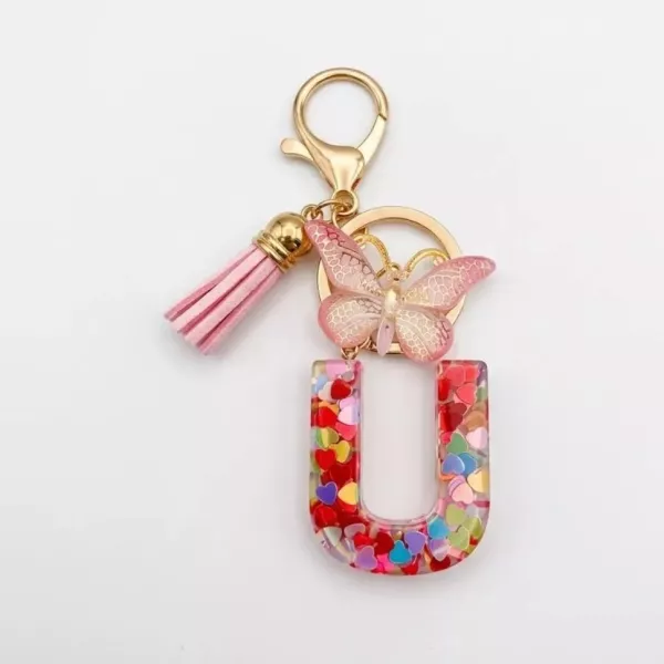 Porte-clés lettre U en résine paillettes cœurs multicolores