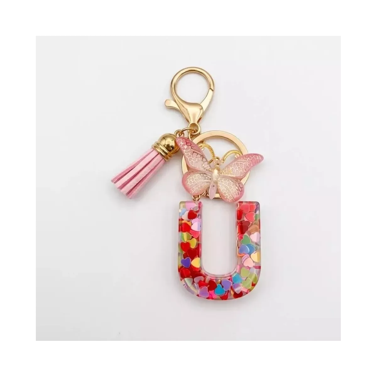 Porte-clés lettre U en résine paillettes cœurs multicolores