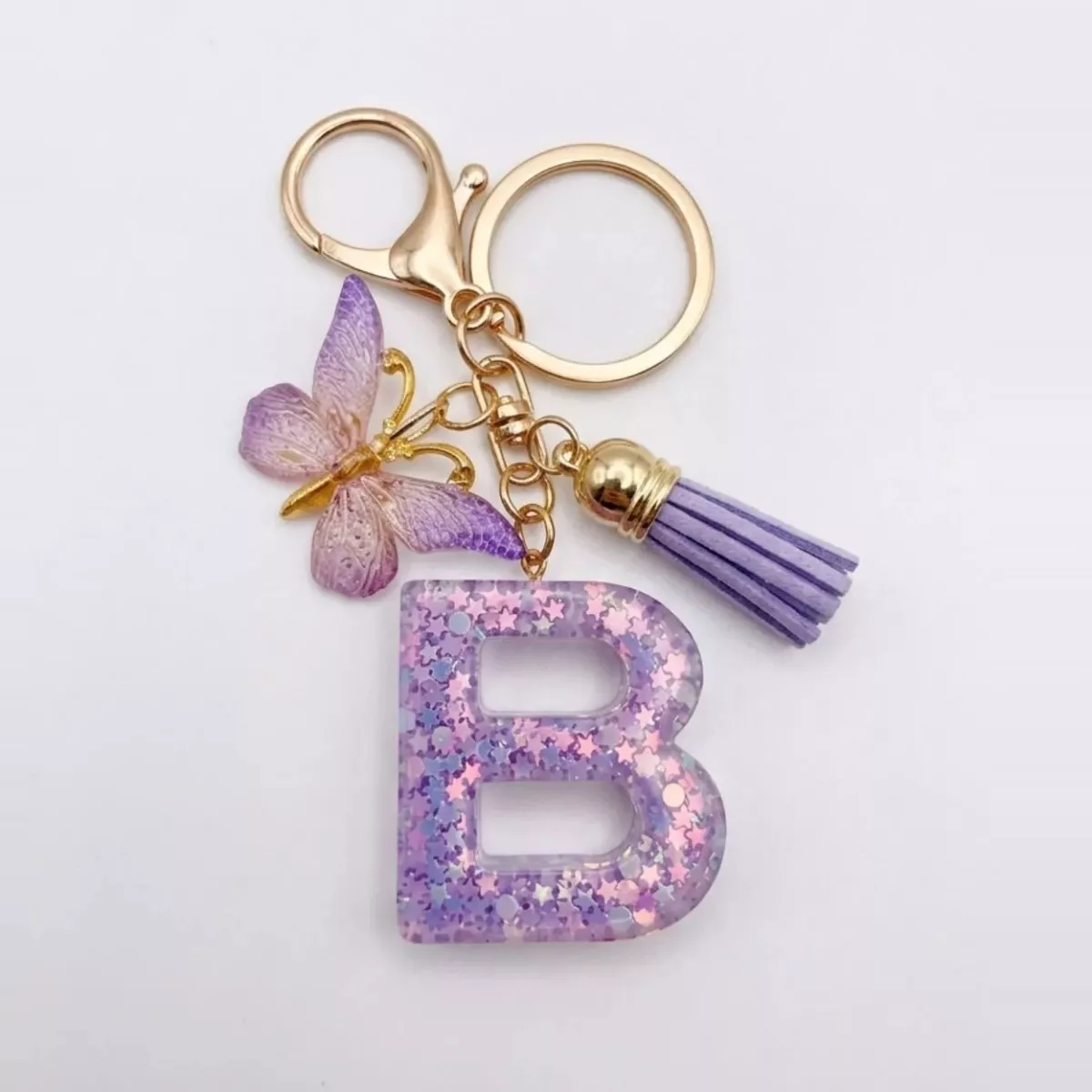 Porte-clés lettre B en résine paillettes violettes