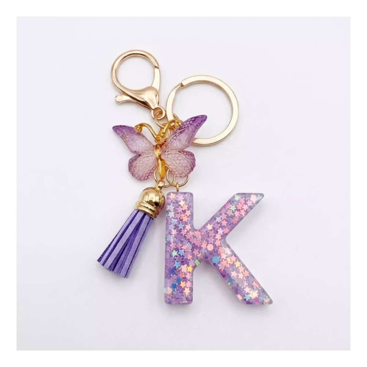Porte-clés lettre K en résine paillettes violettes