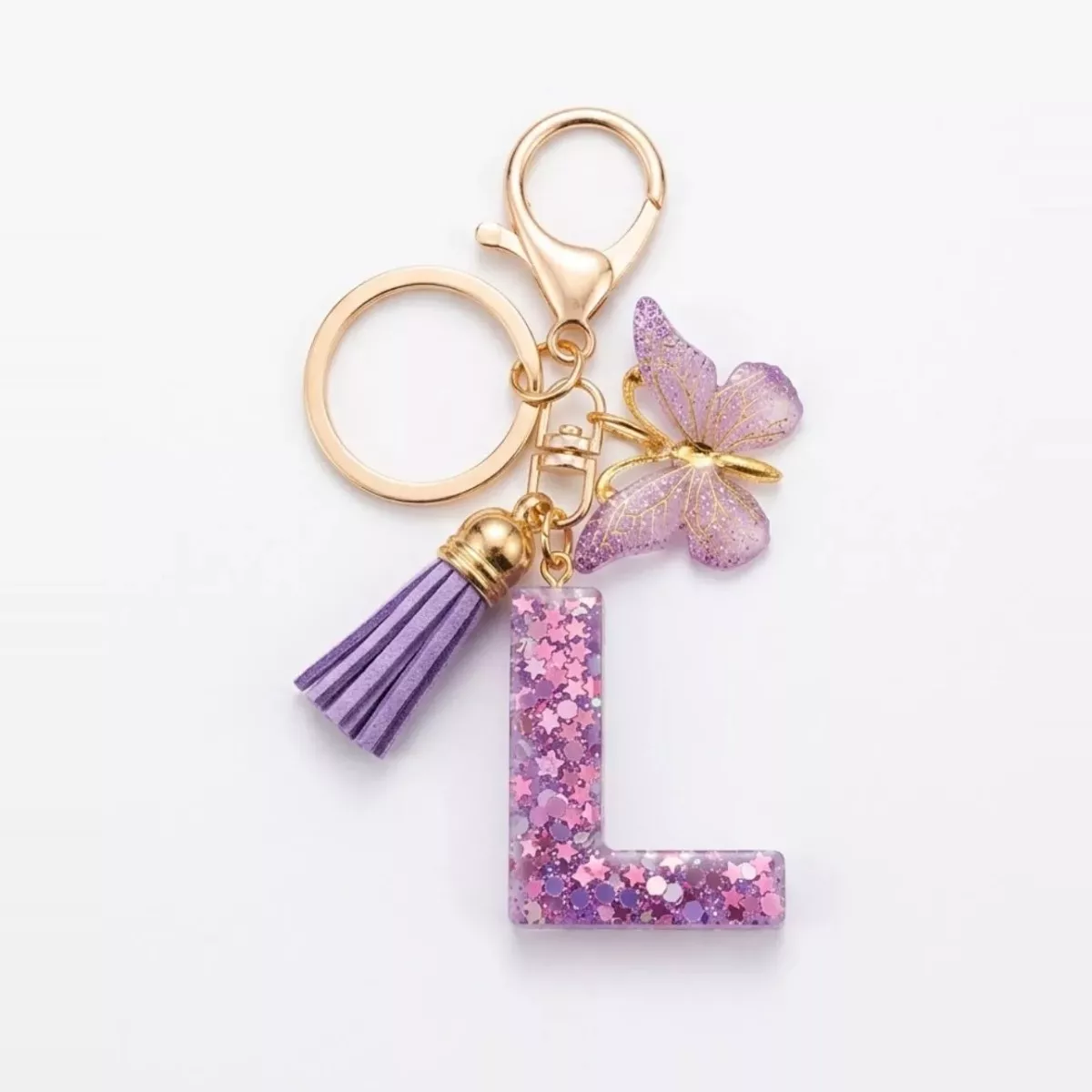 Porte-clés lettre L en résine paillettes violettes