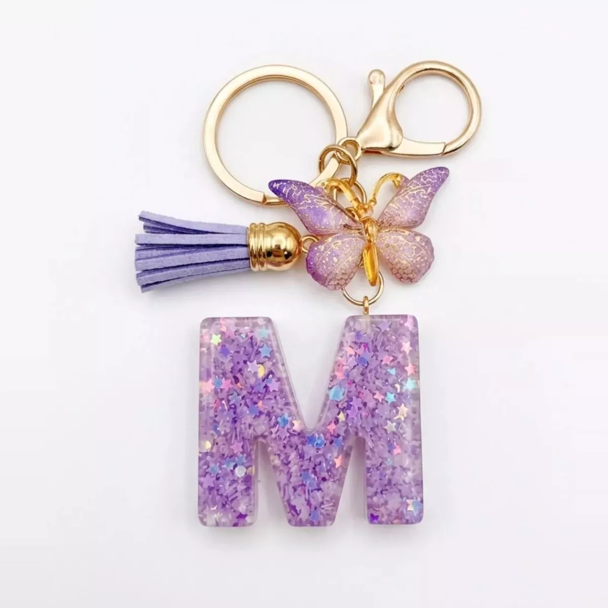 Porte-clés lettre M en résine paillettes violettes