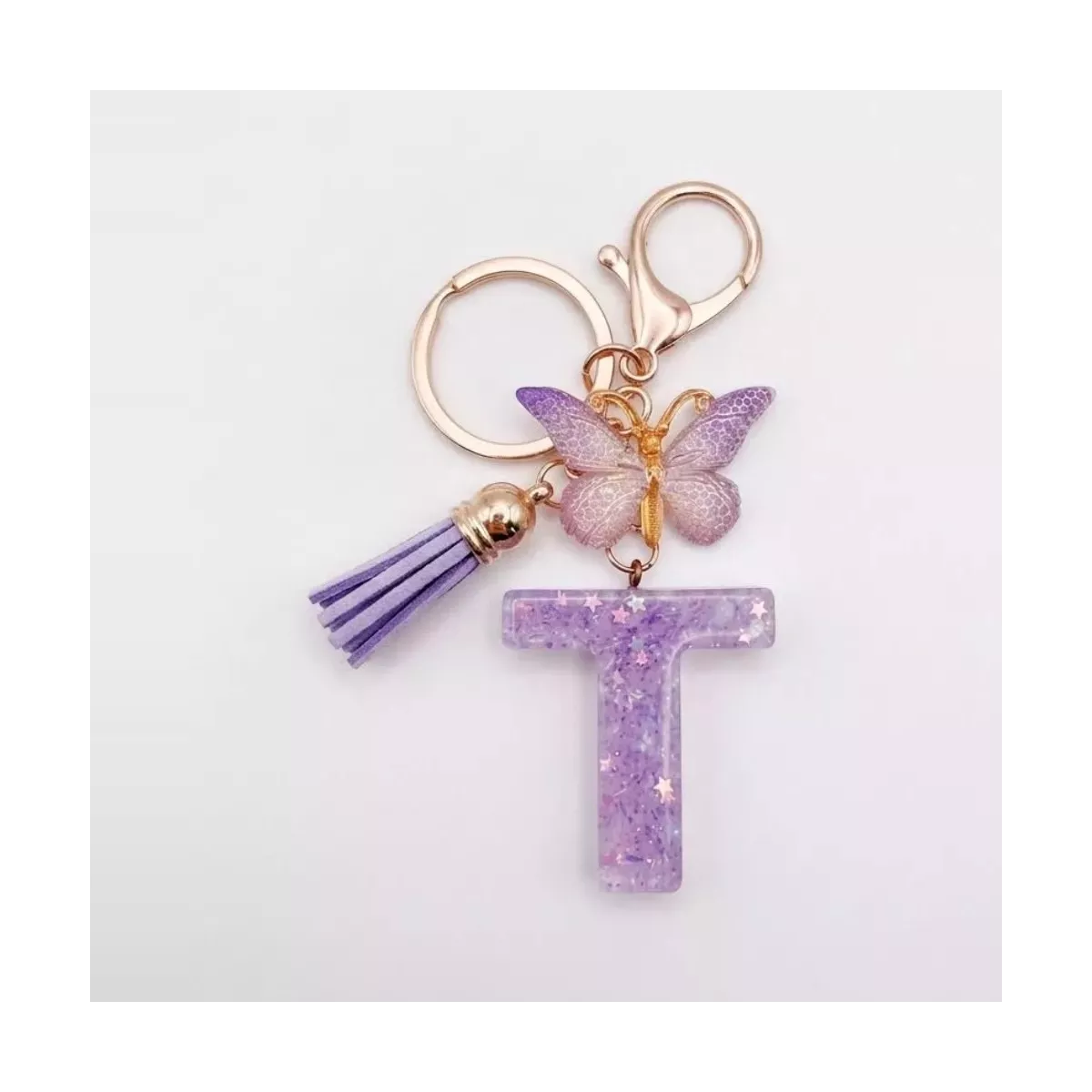 Porte-clés lettre T en résine paillettes violettes