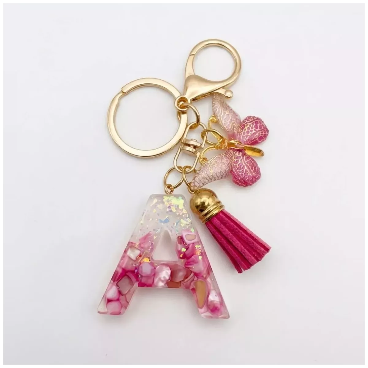 Porte-clés lettre A en résine éclats roses nacrés