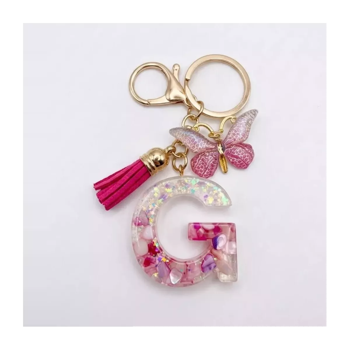 Porte-clés lettre G en résine éclats roses nacrés